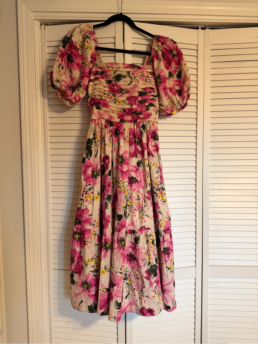 Abercrombie & Fitch Floral Linen Blend Puff Sleeve Midi Dress XS